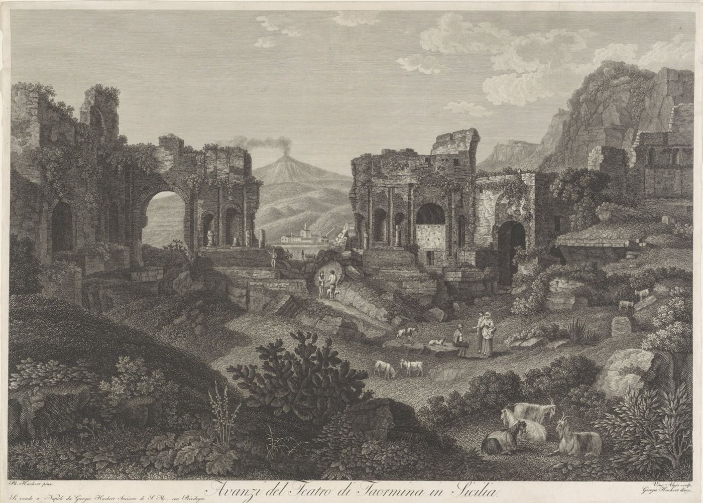 The ancient theatre at Taormina, engraving by Vincenzo Aloja after Hackert (Rijksmuseum)