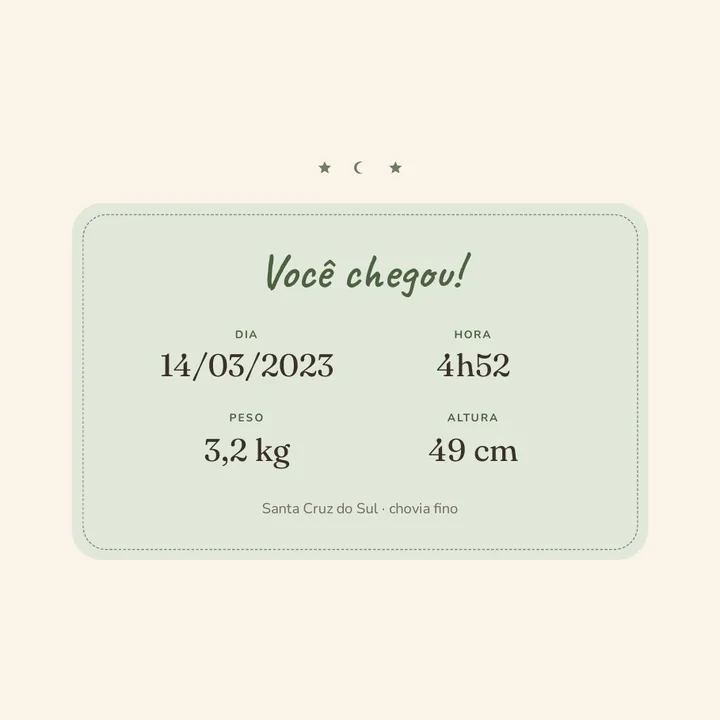 The page of the “You arrived!” card, with the day, the time, the weight and the length.