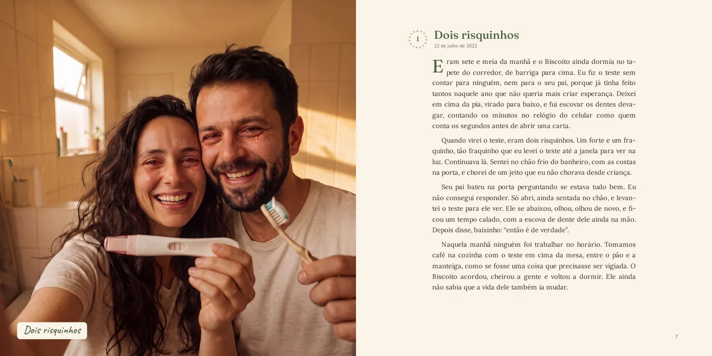 Two pages of the book: the moment’s photo on the left and its text on the right.