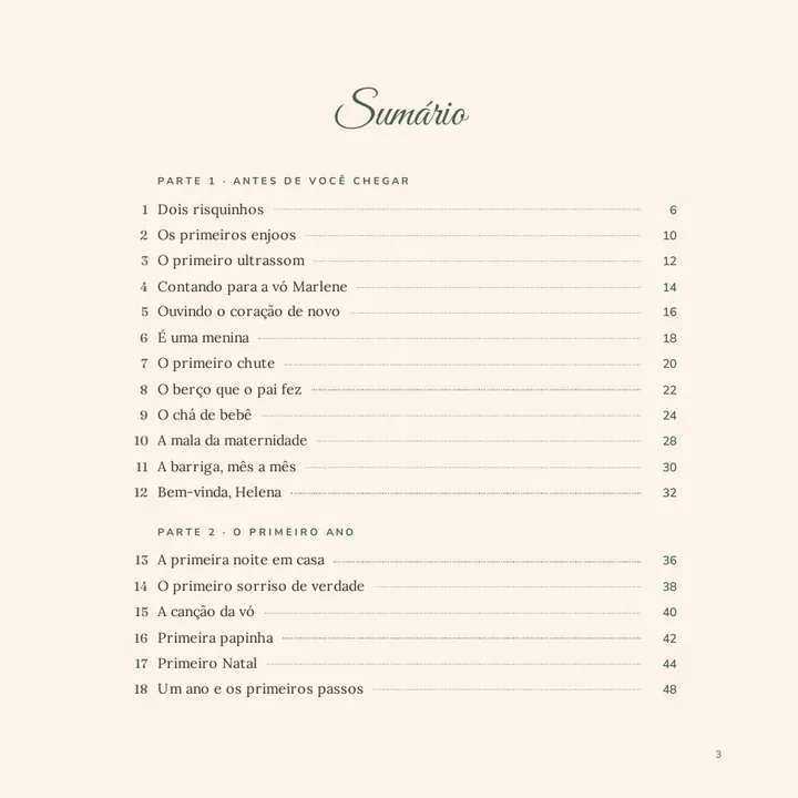 The contents of Helena’s book, with the parts, the moments and the page numbers.