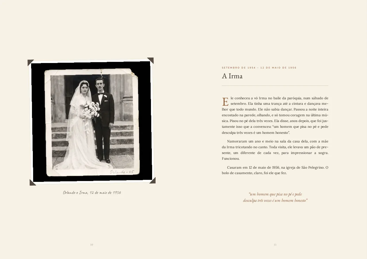 Two pages of the book: the wedding photo on a page of its own, with its caption, facing the text “A Irma”.