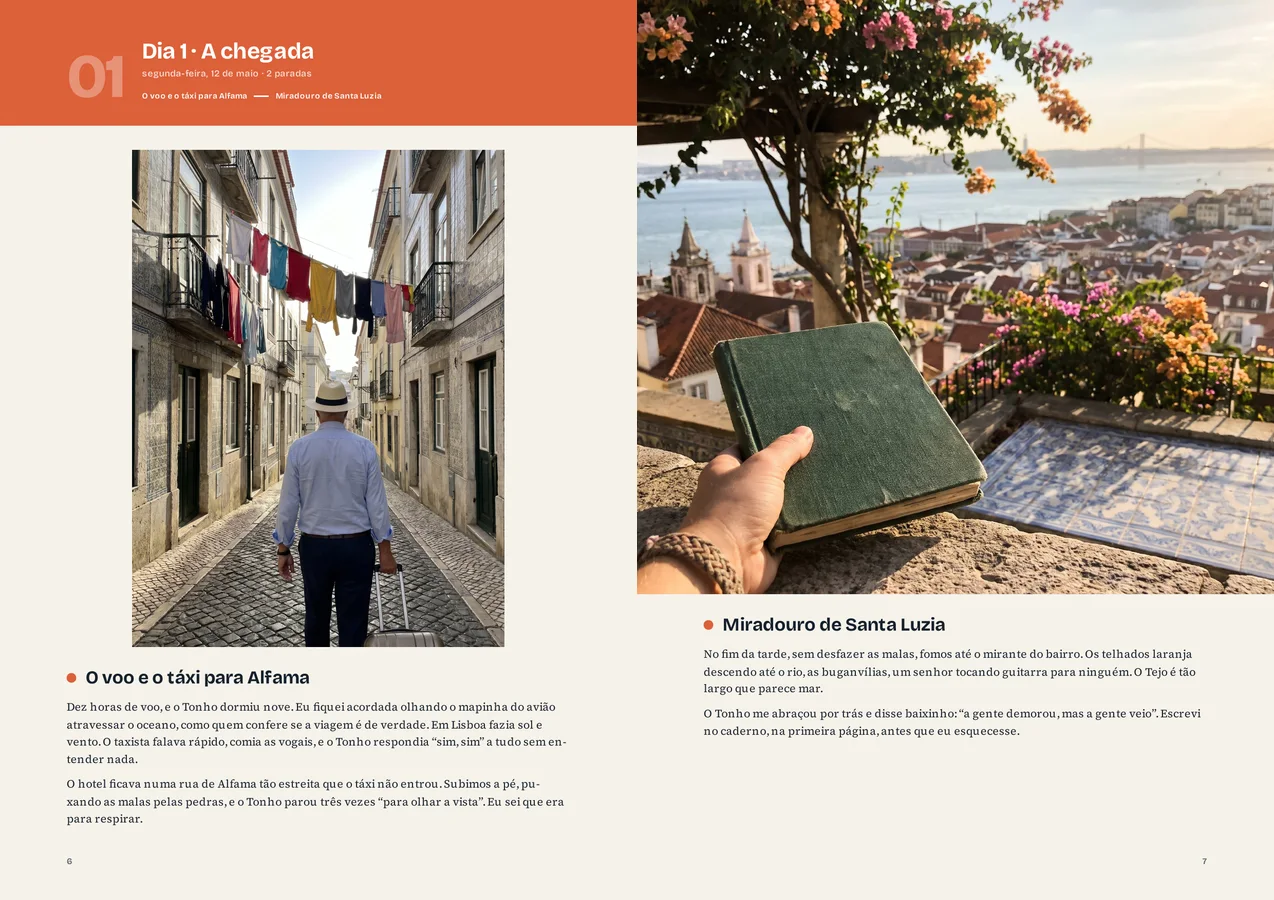 Two pages of the book: Day 1 opens in its colour, with its route and its first stop; facing it, the Miradouro de Santa Luzia with its photo large.